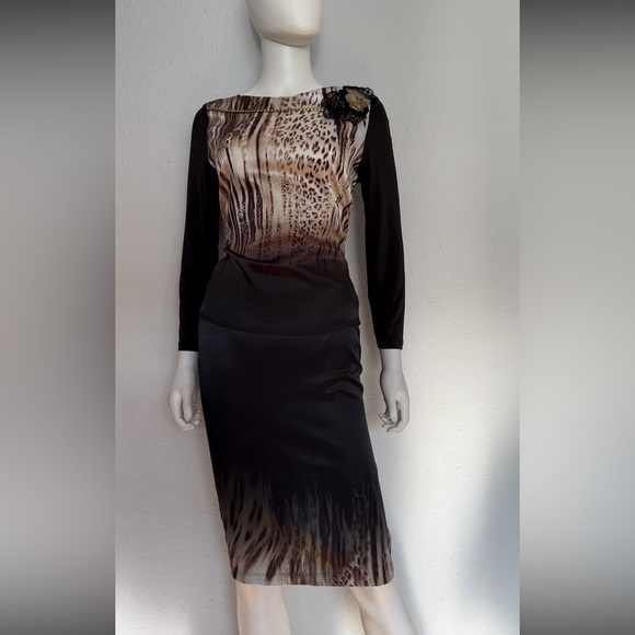 NWT POLEN POE 2PC‎ SET SKIRT/BLOUSE SATIN BLACK ANIMAL PRINT 3/4 SLEEVES - Picture 7 of 11